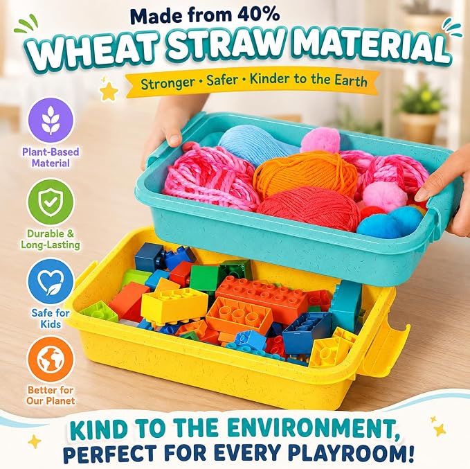 Carolart 3 Pack 12.8 Inch Wheat straw Plastic Storage Bins, Stackable | 40% wheat straw blend containers with lids for sand toy storage, classroom supplies, crafts, toys and homeschool use