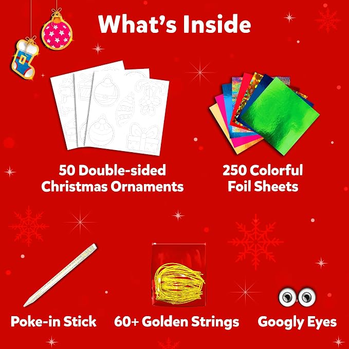 Skillmatics Foil Fun Christmas Ornaments, Foil Art, Gifts for Boys & Girls | DIY Foil Art Activity for Kids, 250+ Stickers Travel Toys, Stocking Stuffers, Mess-Free, Screen-Free, Ages 4, 5, 6, 7, 8, 9