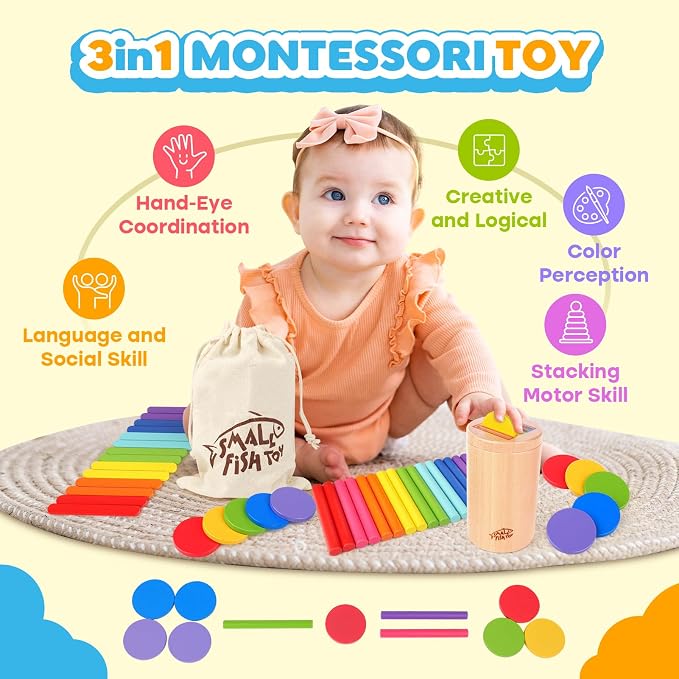 Wooden Montessori Baby Toddler Toys 3in 1 Learning Fine Motor Preschool Toy | Educational Color Sorting and Cause and Effect Sensory Activity for Toddlers 1-3, Birthday Gift for 12 Month Old Boys Girls