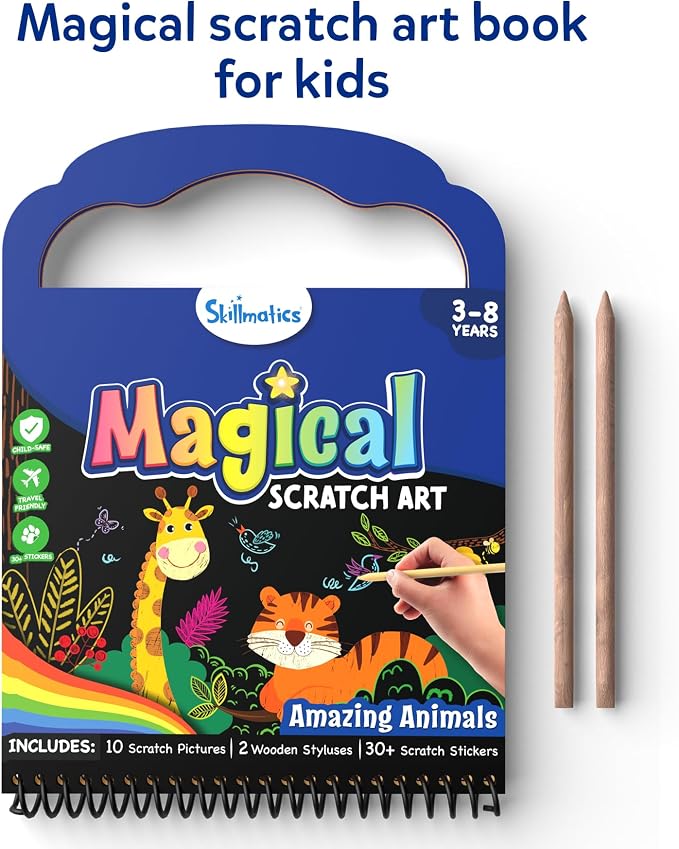Skillmatics Magical Scratch Art Book – Animals, Paper Craft Kit, Travel Toy | DIY Craft Kits & Supplies, 30+ Scratch Stickers, Travel Toys, Screen-Free, Gift for Girls & Boys Ages 3, 4, 5, 6, 7, 8