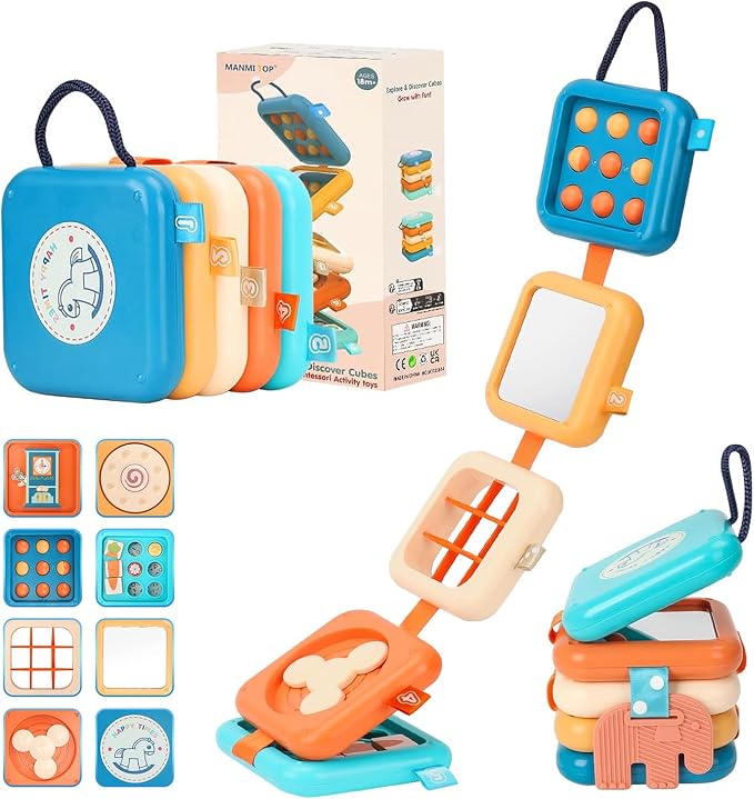 Toddler Busy Cube - Montessori Travel Toy for 1-3 Year Old | Boosts fine motor skills and sensory learning. Compact busy cube is an airplane or car travel activity toy gift for toddlers.