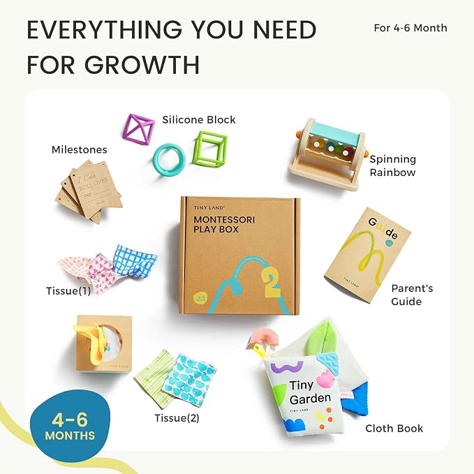 Tiny Land Montessori Baby Toy Set 4-6 Months 4 in 1 Motor Skills Kit | Soft cloth book, spinning rainbow toy, silicone blocks, baby tissue box, tummy time, teething and fine motor play gift