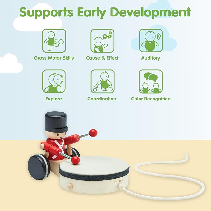 PlanToys® Wooden Pull Along Drummer Musical Toy for Kids Toddler Active Set | rolling wheels, drumming rhythm, baby musical toys, girls, boys, montessori focus coordination learning gift preschool