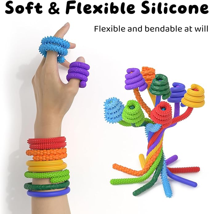 Sensory Fidget Sticks for Kids, Textured Silicone Quiet Toys 16 Pack | Sensory Fidget Sticks for Kids, Flexible Textured Silicone Quiet Desk Toys for Classroom, Travel & Easter Basket Gifts