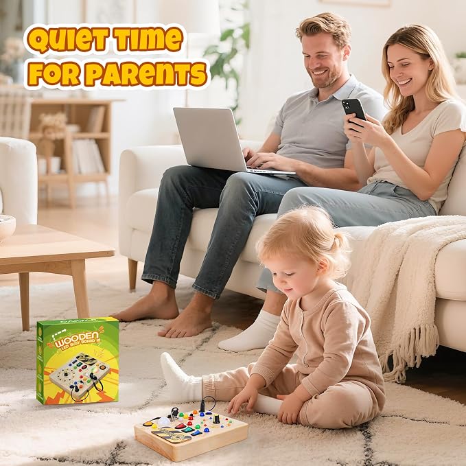 Busy Board, Montessori Toys for 1+ Year Old, Busy Board with 13 Led Light, Wooden Toddler Educational Travel Toy, 1 Year Old Boy&Girl Gifts