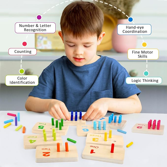 Wooden Counting Numbers Peg Board for Kids, Toddlers Montessori Math Toy 3+ | Thick 1-10 Double-sided Number Boards, 55 Colorful Counting Pegs, Preschool Educational Toy Early Math Learning Activity