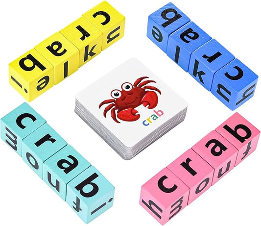 DragonflyDreams Wooden Blocks Spelling Game, Wooden Alphabet Puzzles Blocks | Matching Letter Game Kids Toys Alphabet Spelling Montessori Learning Toy Early, Learning Toys for Kids Ages