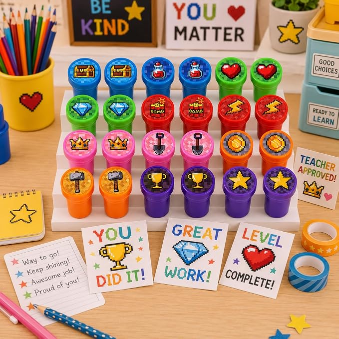 Cinrobiye 24 Pcs Pixel Stampers Party Favor Set, Cute Pixel Art Stamps for Kids Birthday Party, Classroom Rewards, Gaming Themed Party Supplies, Goody Bag Fillers, Retro Pixel Toys