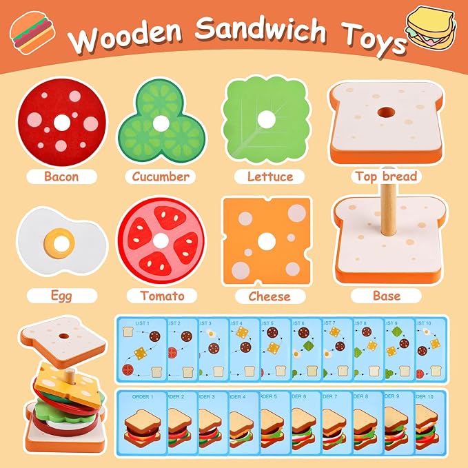 Pajojoqa Wooden Sandwich Stacking Toys, Montessori Toys for Toddlers Kitchen Play Food Educational Preschool Learning Toys Christmas Birthday Gift Kids Toys for Boys Girls 3 4 5 Years Old (Sandwich)