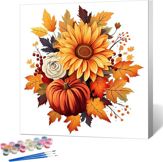 Fountor Fall Framed Paint by Numbers Kit for Adults Beginner 10x10 Inch | Acrylic Sunflower and Pumpkin Paint by Numbers Framed, For Adults & Kids Ages 8-12, DIY Stress Relief Home Wall Decor Gifts