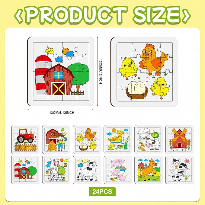 Cinrobiye 24 Pcs Farm Animal Coloring Jigsaw Craft Kit for Kids, DIY Barnyard Activity Set Bulk with 12 Designs, Tractor Birthday Party Favors, Classroom Art Projects