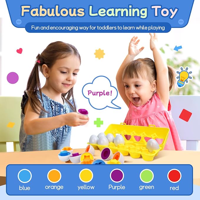 Tinabless Matching Eggs Toys 12 pcs Set Color & Shape Recognition Sorter Puzzle for Toddlers, Christmas Easter Travel Game Early Learning Educational Gift for Year Old Kids