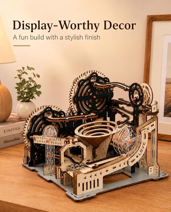 3D Wooden Puzzle for Adults, Electric DIY Marble Run Model Kit with Spiral Funnel, Gear-Driven Motion & Steel Marbles, Brain Teaser Building Toy, Creative Desk Decor Gift for Teens Adults 14+