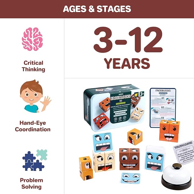 Face Changing Magic Cube Game, Wooden Expression Puzzle Block Games, Fine Motor Skills Board Games for Kids & Adults with Bell