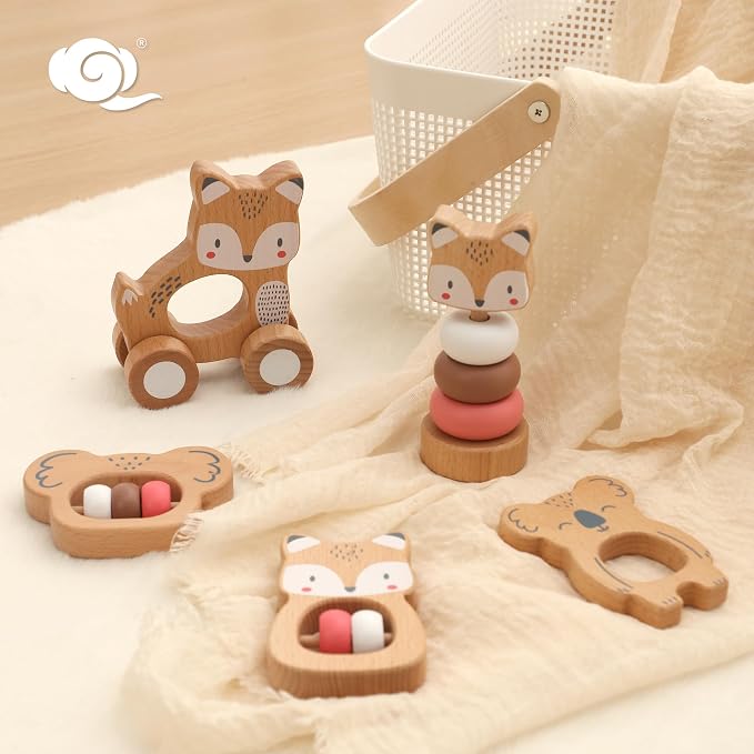 FReniland Wooden Montessori Baby Toys Set, 5-Piece Newborn Gift Set with Koala Rattle, Fox Stacking Rings & Push-Pull Toy for Boys and Girls