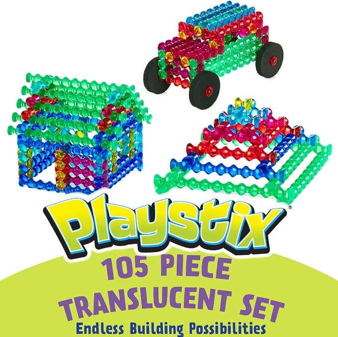 POPULAR PLAYTHINGS Playstix Translucent Set, 105 Piece, Building Sticks Kit | for Kids Ages 4 and Up, Construction Stem Building Toy Gift, for Boys & Girls, for Kids