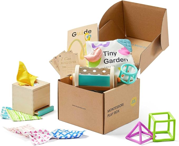 Tiny Land Montessori Baby Toy Set 4-6 Months 4 in 1 Motor Skills Kit | Soft cloth book, spinning rainbow toy, silicone blocks, baby tissue box, tummy time, teething and fine motor play gift