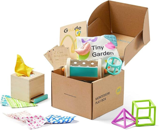 Tiny Land Montessori Baby Toy Set 4-6 Months 4 in 1 Motor Skills Kit | Soft cloth book, spinning rainbow toy, silicone blocks, baby tissue box, tummy time, teething and fine motor play gift