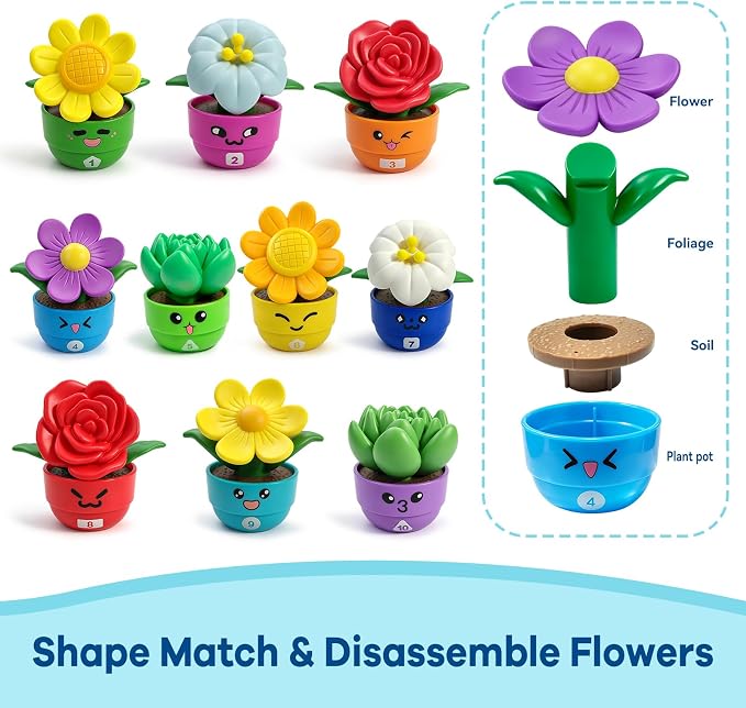 GEERAY Montessori Flower Garden Building Toy, 10 Sets Toddler Shape & Color Matching Game, Fine Motor Skills Preschool Sensory Toys, Educational Gardening Gift for 1-3 Year Old Boys Girls