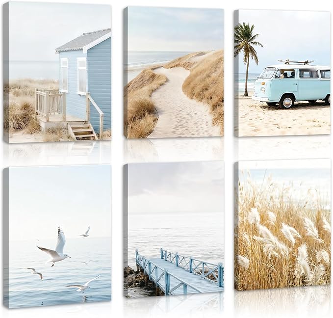 HOURIA 6Pcs Coastal Beach Canvas Wall Art(12”x16”), Summer Blue Ocean Sand Seascape Wall Decor,Vintage Cabin Camper Van Boardwalk Seagulls Art Print for Farmhouse Living Room Bedroom Office