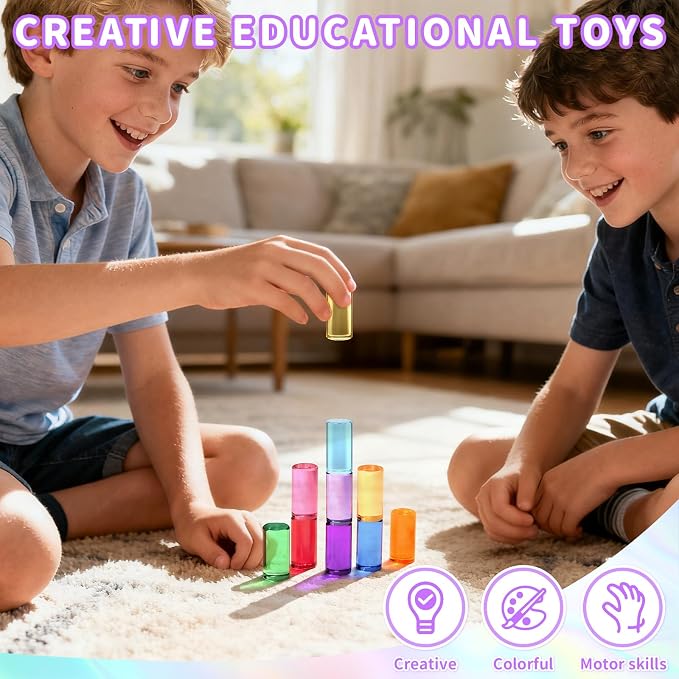 Rainbow Acrylic Blocks, 10 Stackable Cylinders for Kids Ages 3+ | 10 acrylic color blocks, 2 x 1 in, stackable, ages 3+, white paper box for gift wrap, preschool and light table use