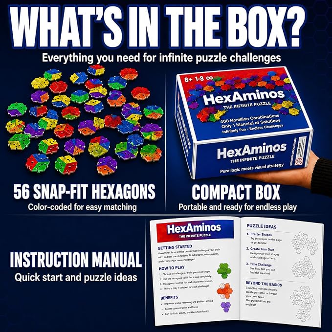 The Infinite Puzzle: Strategy Board Game for Familiy, Teens & Adults. 56 Hexagon Tiles for Solo or 1-8 Players. Travel-Friendly STEM Logic Game, 450 Nonillion Combinations, 8x7 Grid Challenge Ages +6