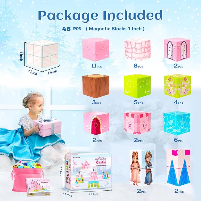 Hiwawind Updated Princess Magnetic Blocks for Girls, Princess Castle Magnetic Building Toys, STEM Montessori Sensory Toys for Toddlers 3-4 5-6 7-8, Creative Birthday Gifts for 3+ Year Old Girl