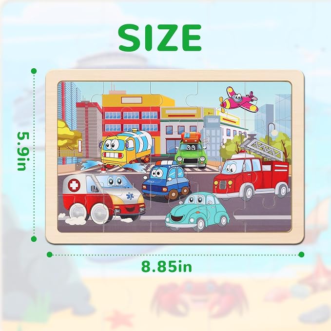Wooden Educational Jigsaw Puzzles for Preschool Kids Ages 3-5, 4-Pack with 20 Pieces Transportation Wood Jigsaw Puzzles Set, Preschool Gifts for Boys Girls Ages 3 4 5 6