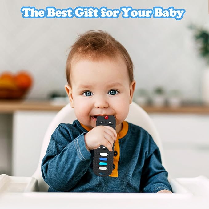 ROBBEAR Baby Teething Toys, Food Grade Silicone Teether for Babies 3 6 12 18 Months, TV Remote Shape Toddlers Chew Toys, Freezer BPA Free (Black+Blue)