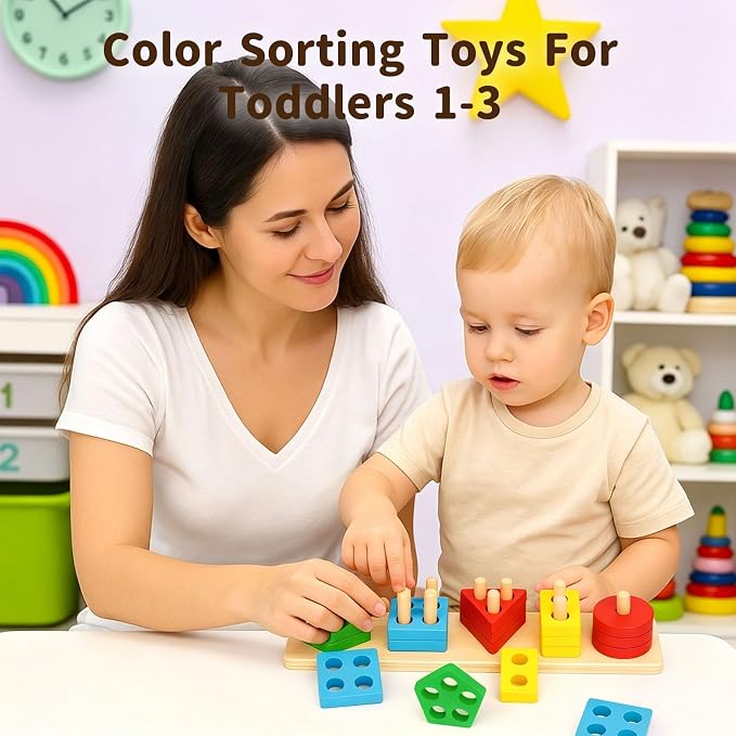 3 otters Wooden Stacking Sorting Toy, 20PCS | Montessori Sensory Puzzle, Shape Recognition, Matching Learning Game, Preschool Gifts, for Toddlers