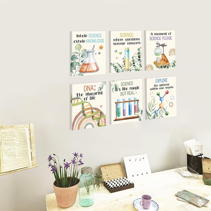 HOURIA Boho Science Canvas Wall Art,Colorful Chemistry Physics Decor | Set of 6 (8”x10” Framed) Science Bulletin Board Sets Wall Decor for Classroom,Middle School,Lab