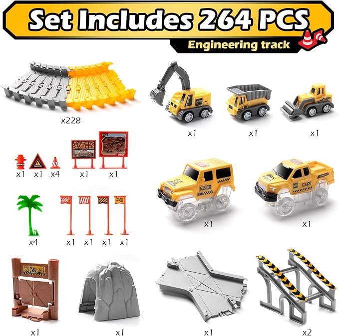 264 PCS Construction Race Tracks for Kids Toys, Flexible DIY Track Set | Glow in The Dark Magic Toy Set, 2 Light Up Cars Track, 3 Construction Cars, Birthday Gift for Age 3-9 Boys Toddler Girls