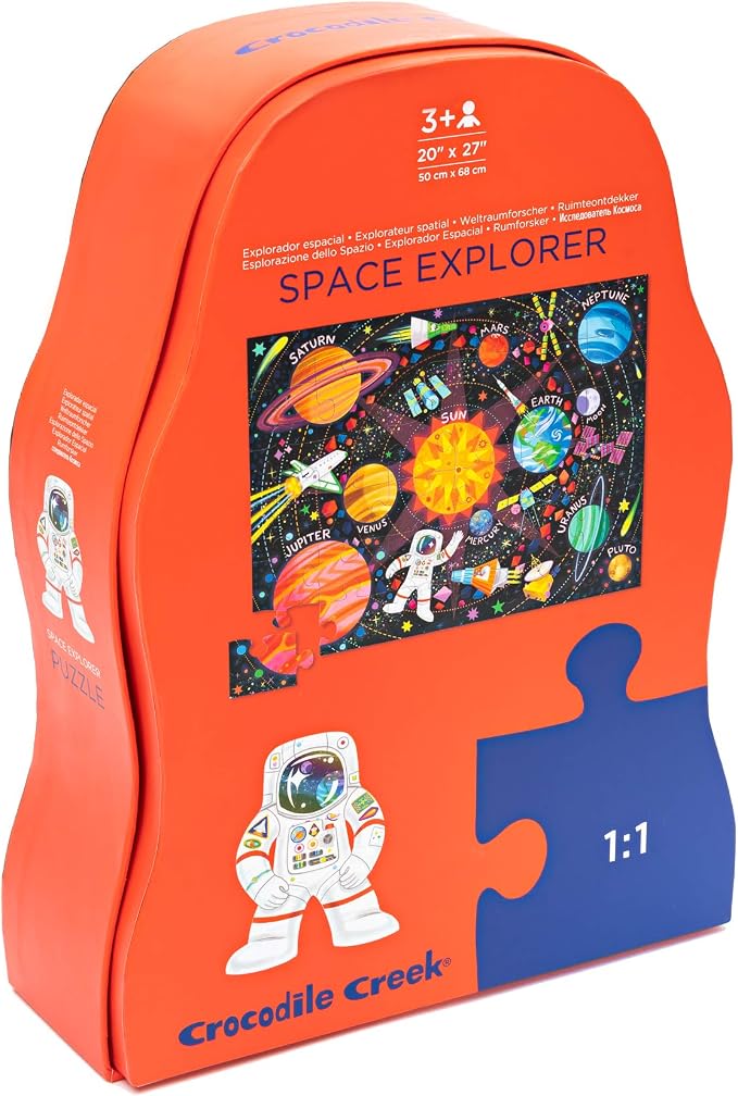Crocodile Creek 36-Piece Jigsaw Floor Puzzle - Fun Floor Puzzles for Kids Ages 3-5 - Heavy-Duty Shaped Box for Storage - Space Explorer - 24" W x 18" H Finished