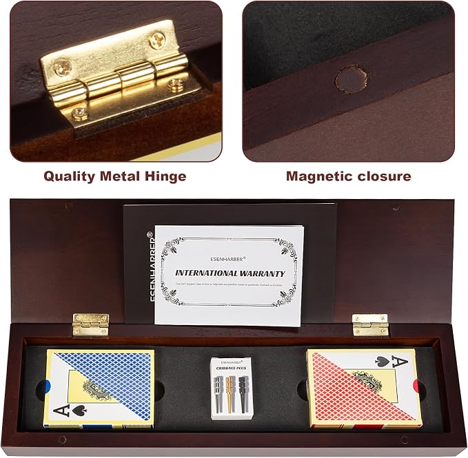 ESENHARBER Cribbage Board Game Set, Premium Wooden Board with Magnetic Lock and Metal Pegs, 2 Playing Cards, and Large Storage - Travel-Friendly Continuous 3 Track Board
