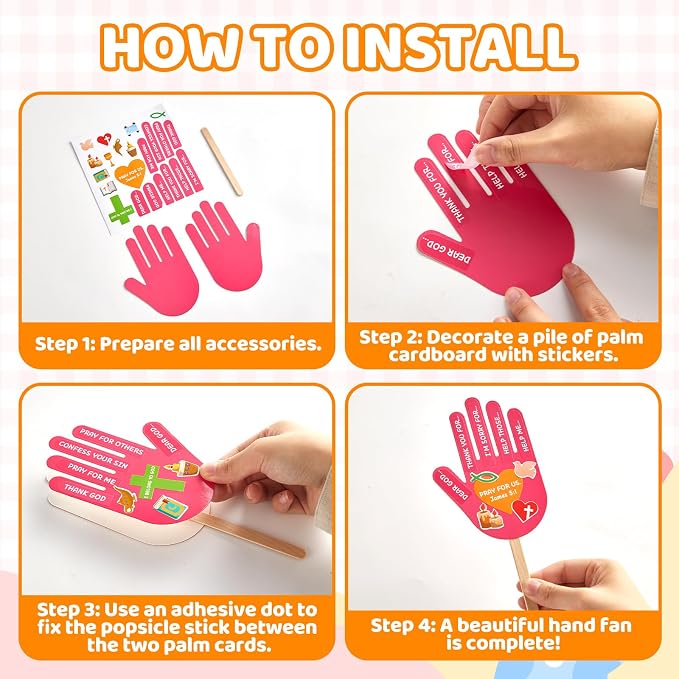 ojustbeok 24 Sets Sunday Bible Crafts Kit for How to Pray Handprint Fan Craft DIY VBS Christian Religious Arts Make Your Own Finger Prayer Fan for VBS Church Home Party Activities