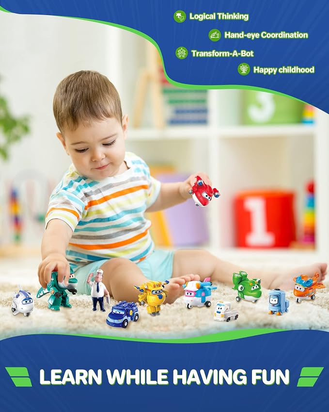 Super Wings 15-Pack Transforming Toys 2 inch Airplane Robot Mini Action Figures with Real Mobile Wheels for Kids 3 4 5 6 7 8+ Birthday Party Supplies for Preschool Boys and Girls
