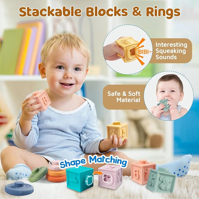 Montessori Toys for Baby Toddlers, 6-in-1 Wooden Shape Sorting Stacking Set | Building Blocks Sensory Teether Xylophone Activity Toys Gift for Kids, Encourage Fine Motor Skills, Hand-Eye Coordination
