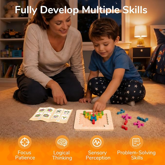 Wooden Brain Teaser Puzzles for Kids - Montessori STEM Tangram Logic IQ Game, Jigsaw Pattern Blocks Educational Toys, Festival Present for Toddlers Boys Girls Ages 3-6 and Adults (Imagination)