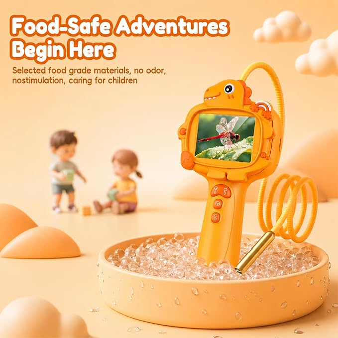 Kids Borescope Camera with Light-STEM Science Educational Toy for 3 4 5 6 7 8 Years Old Boys & Girls Birthday Gift-Discovery & Exploration Flexible Snake Scope Battery (Orange Dinosaur)