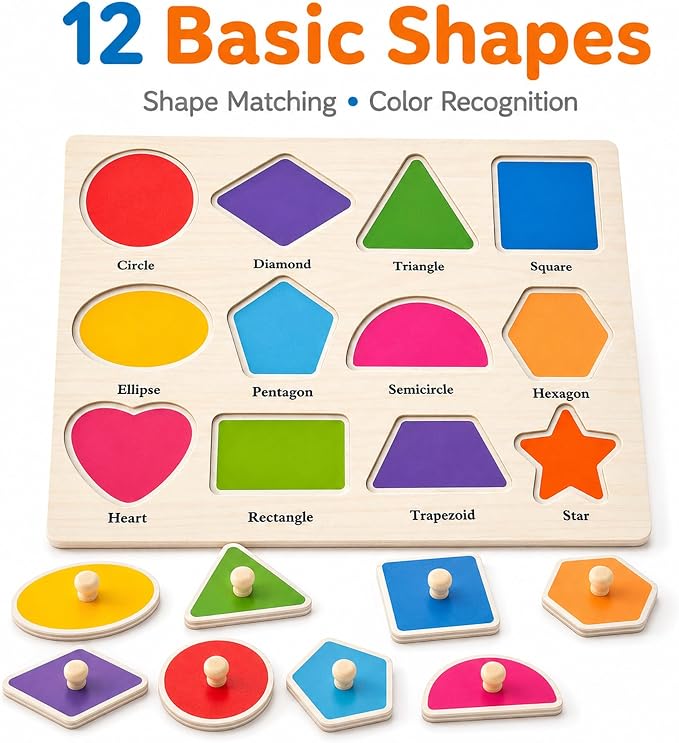 Wooden Peg Puzzles for Toddlers, 3 Pack Large Wooden Knob Puzzles for Ages 3-5, Montessori Shape Matching Toys, Preschool Learning Puzzles for Fine Motor Skills, Birthday Gifts for Boys Girls 3 4 5