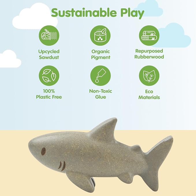 PlanToys® Wooden Shark Bath Toy, Montessori Kids Water Toy Sea Play Set | wooden shark figurine, montessori water play, imaginative creative bath toy, ocean animal figure, fine motor play, kids toddl