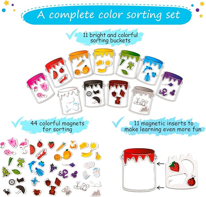 Simply magic 11 Jars Magnetic Color Sorting Set, Learning Colors Magnets | Color Sorting Toys for Toddlers, Magnetic Shapes, Recognition Magnets, Colors Matching Games, Preschool Circle Time