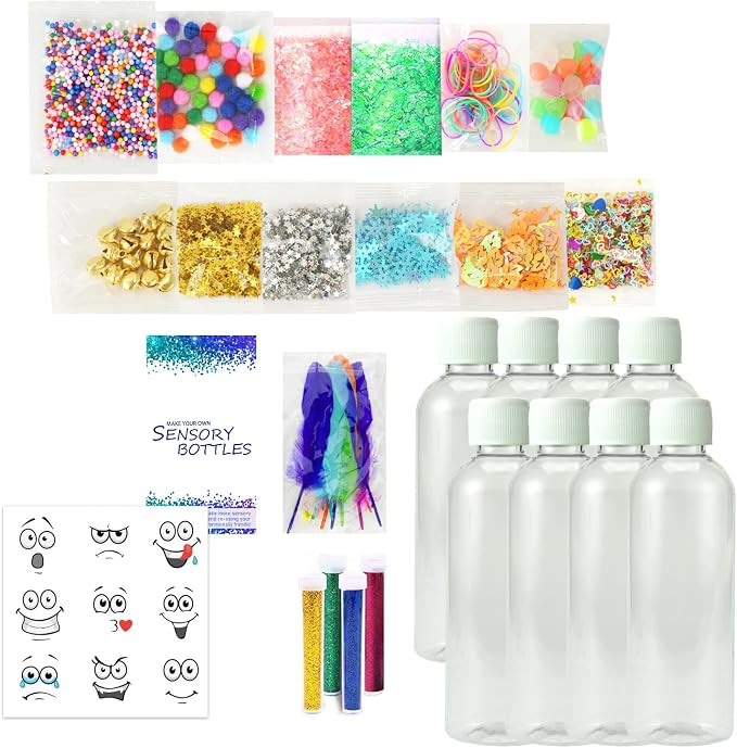 Calm Down Sensory Bottles for Calm Down Corner Items, Calming Sensory Toys, Sensory Bottles for Social Emotional Learning with Glitter Pom Poms and More