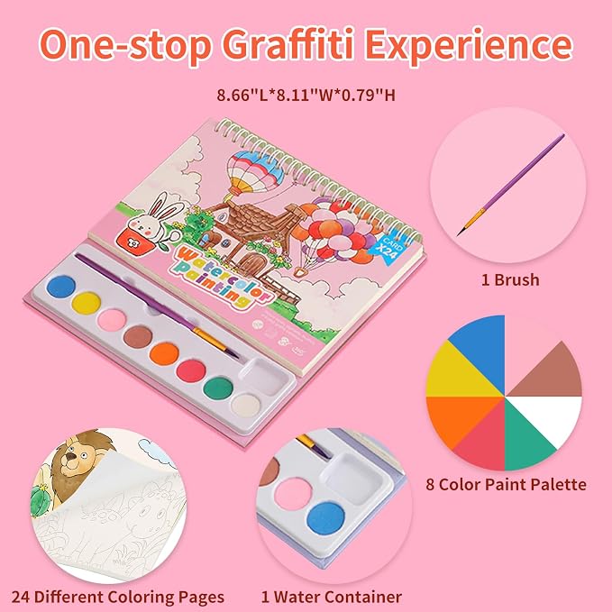 Cavnewt Watercolor Coloring Books for Kids Ages 4-8, Mess Free Watercolor Painting Book, Paint with Water Books for Toddlers, Travel Activities Arts Party Favors Birthday Gifts for Kids Girls & Boys