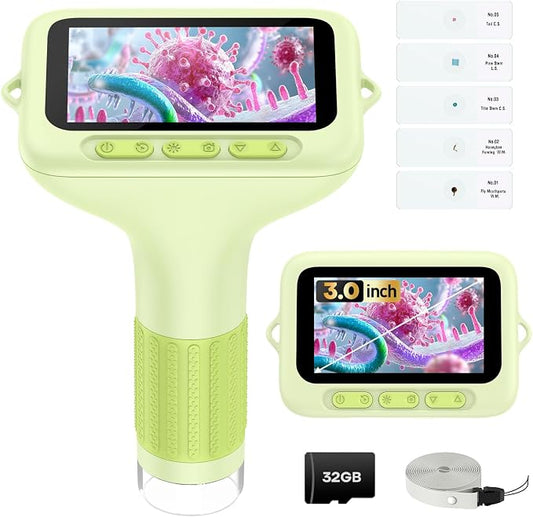 Kids Digital Microscope with 3-Inch Screen: STEM Toy Science Gift Ages 4-12 | 32GB Card, 1000X Zoom, Rechargeable, Photo/Video, Connect to PC, 8 LEDs, 6 Brightness Levels, One-Touch Capture