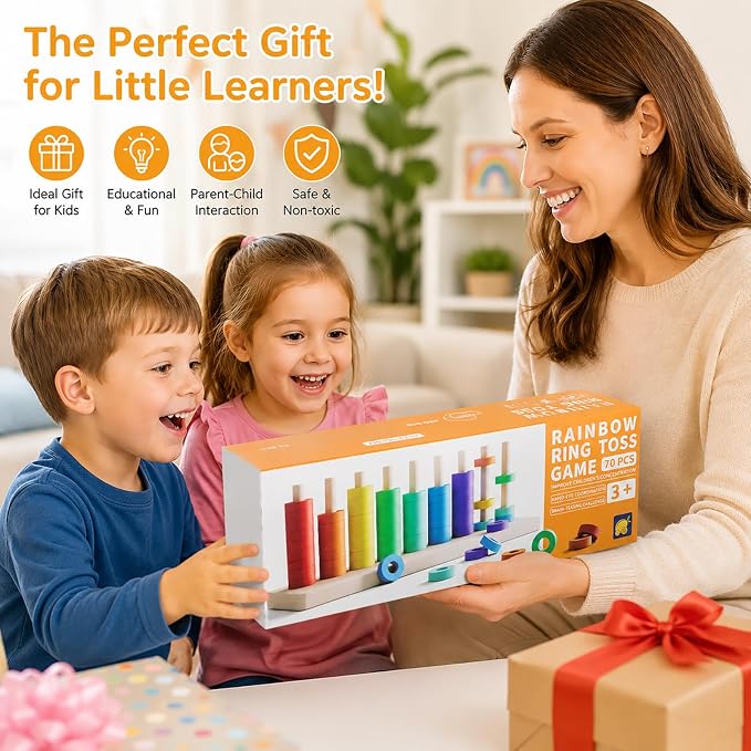 Montessori Wooden Color Sorting Stacking Toys, Montessori Toys Rainbow Rings Game with 70 Pieces, Fine Motor Skills Learning Toy, Educational Preschool Gift for Boys Girls Age 3 4 5+