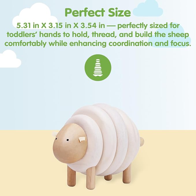 PlanToys® Lacing Sheep Wooden Threading Toy for Kids Ages 3+ Montessori | lacing sheep wooden threading toy, montessori fine motor coordination, focus creativity activity, ages 3+, preschool learning
