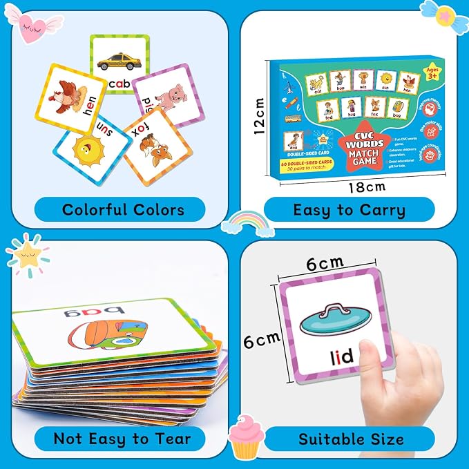 CVC Word Games Kindergarten, Memory Games for Kids Ages 4-8 & Matching Game | for Toddlers 3-5, 60 PCS Phonics Games Flash Cards, Educational Toys Homeschool Bakc to School Supplies for Boys and Girls