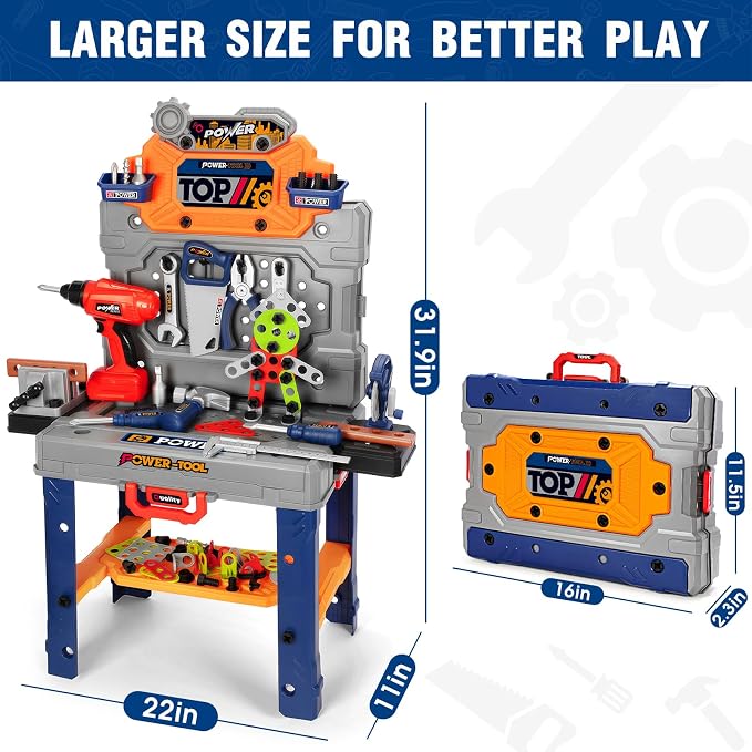 TooyBing Kids Tool Bench Set with Electric Drill and Realistic Tools, Construction Workbench Playset Toy for Toddler 3-5, Easy Set up, Kids Boy Toys, Birthday Gifts for Boys Age 3 4 5 Year Old