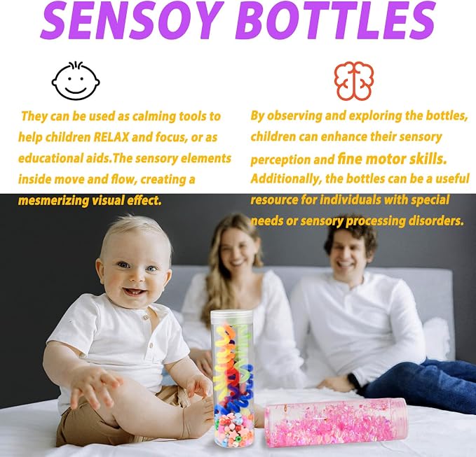 Sensory Bottle Kits for Kids, 4 Sets DIY Sensory Bottles 14 oz with Fillers, Calm Down Corner Supplies, Montessori Motor Skills Activity, Sensory Fidget Tube Toys